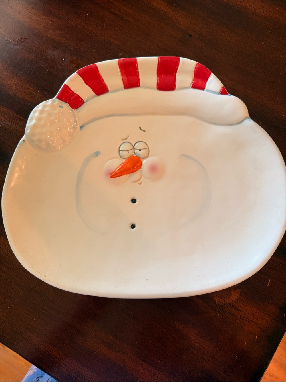 Festive Snowman Ceramic Serving Plate - Red White Orange Accents